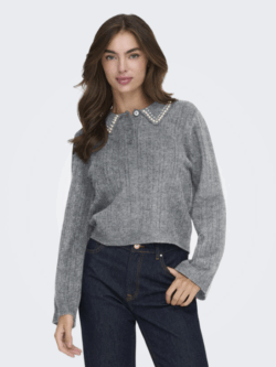 JDY April life pearl collar pull knit, medium grey